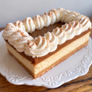 baked cheesecake layer with a layer of pumpkin pie topped with whipped cream over a pastry shell base